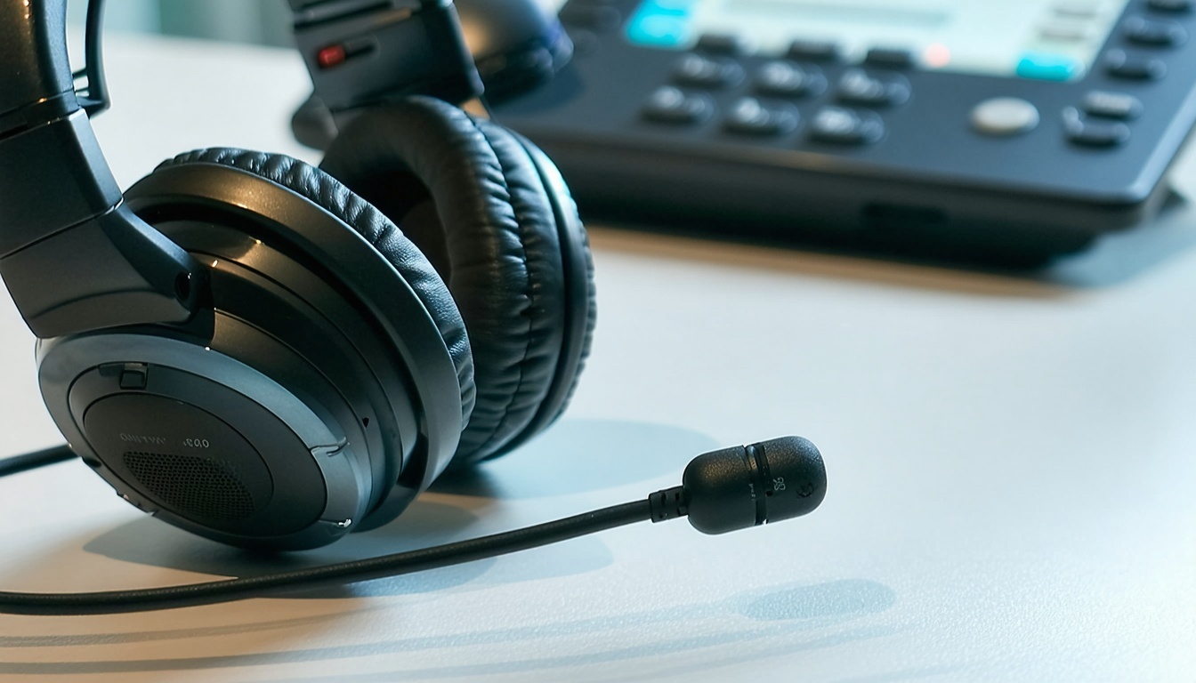 A generic image of a telecoms headset in the close foreground with a desktop handset blurred in the background-1