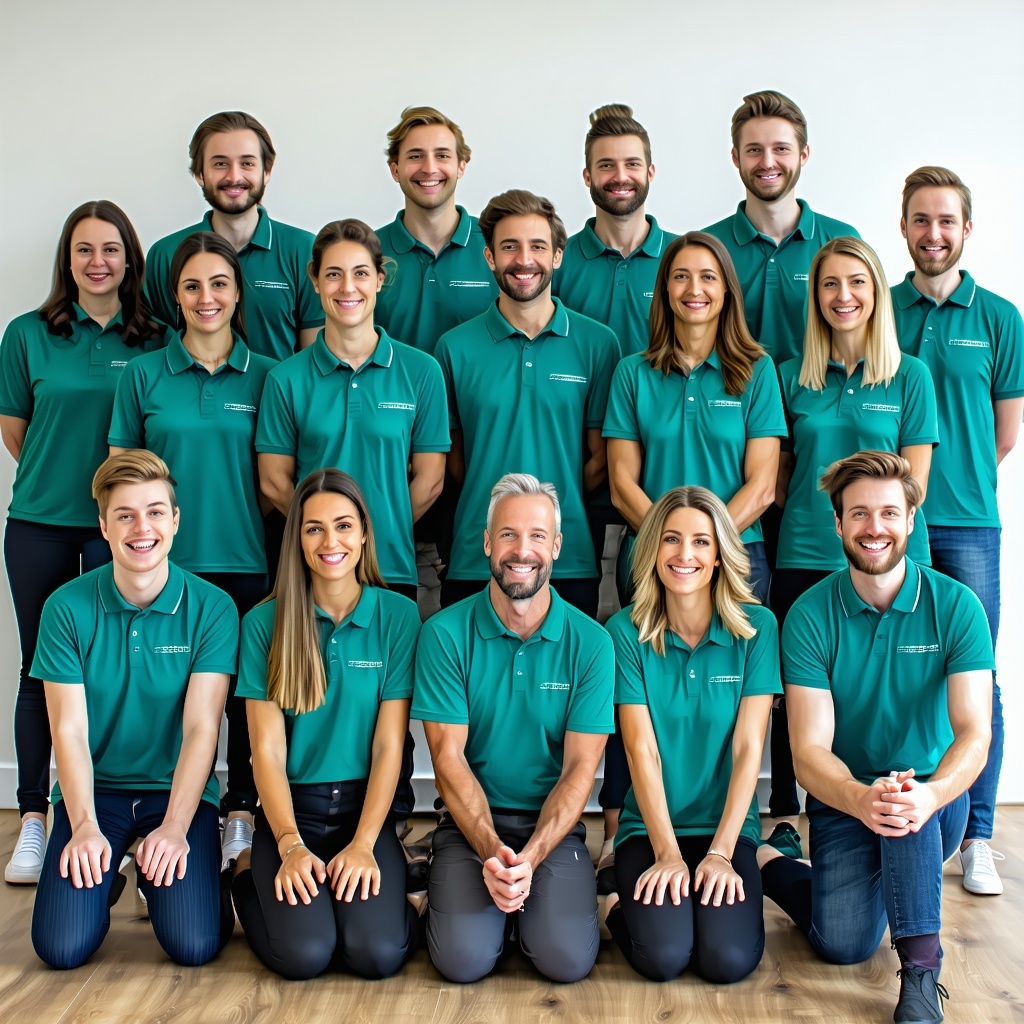The friendly team of an SME of around 25 people all in either jade green or navy blue polo shirts looking at the camera in a friendly way They are happy and informal with each other